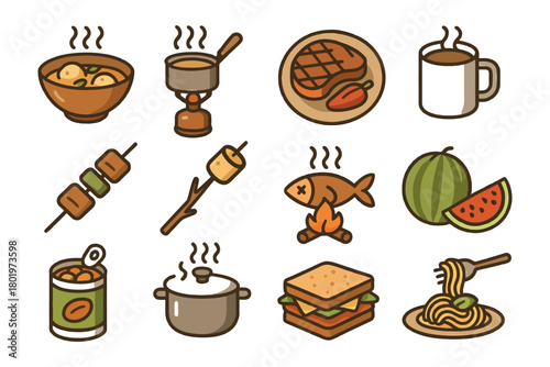 Set of cartoon food icons featuring soup, steak, fish, coffee, and more.