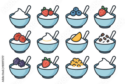 Assorted yogurt bowls with various fruit and toppings in blue bowls.