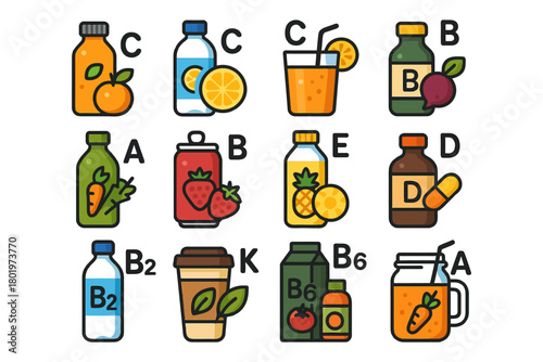Assorted vitamin-enhanced beverage bottles with fruits and vegetables.