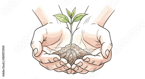 Cupped hands carefully holding a small green plant seedling with soil.