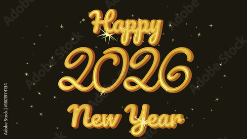 A luxurious New Year's vector banner featuring elegant golden lettering that proudly proclaims "Happy New Year 2026" against a rich, dark background. 