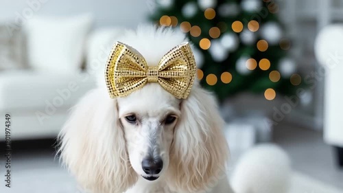 A large, fluffy white poodle sits calmly indoors with a glittery gold bow on its head, soft-focus Christmas tree glowing in the background