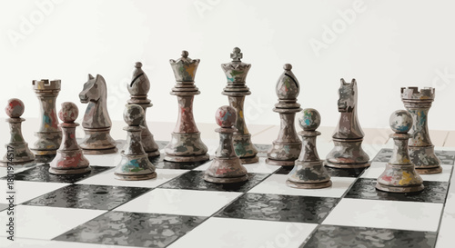 Antique chess pieces arranged on a checkered board ready for a strategic game