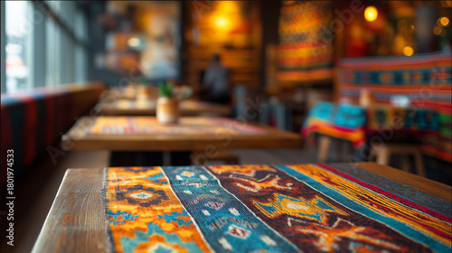 mexican. A lively Mexican restaurant interior with colorful decor and traditional patterns, bathed in natural ambient light. event programs.