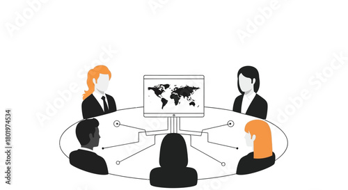 Diverse business team collaborating around a table with a global map on a computer screen