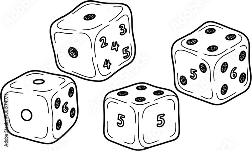 Hand drawn illustration of four dice showing different numbers on a white background