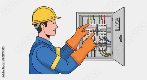 Cartoon construction worker inspecting electrical panel flat vector. 