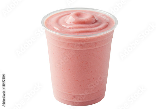 Pink strawberry smoothie in a clear plastic cup isolated on transparent background