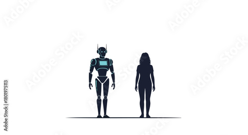 Futuristic humanoid robot and human woman standing side by side on a white background