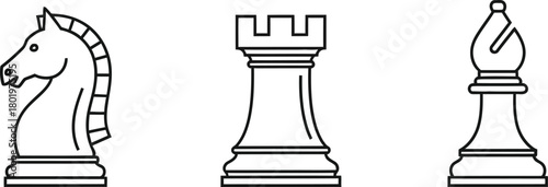 Minimalist line art of chess pieces knight rook and bishop on a white background