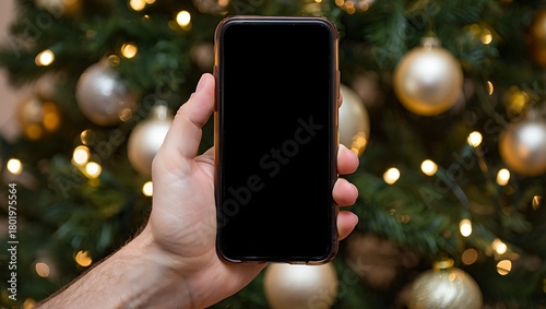 A hand holds a smartphone with a blank screen in front of a decorated Christmas tree with golden ornaments and lights.
