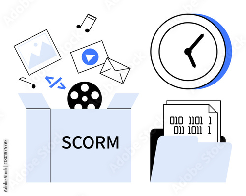 Box containing SCORM assets thumbs up videos, images, and code, alongside a clock and folder of binary data. Ideal for e-learning, content delivery, file organization, time management, digital