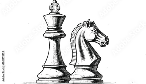 Detailed pencil sketch of a chess king and knight on a white background