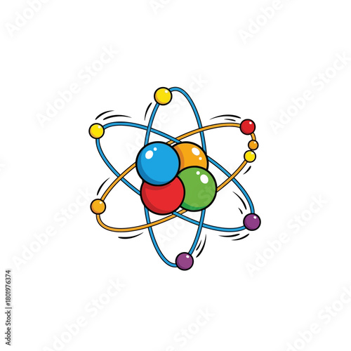 Vibrant Cartoon Atomic Model Illustration with Colorful Electrons and Orbital Paths