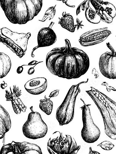 Seamless harvest vegetables and fruits vintage pattern