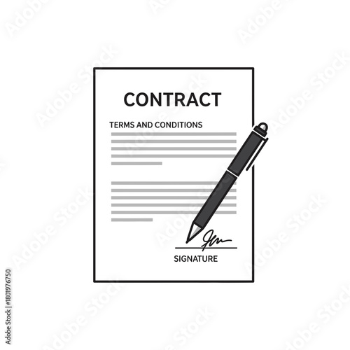 Contract Agreement: A clear and concise contract document, complete with terms and conditions, awaits a signature from the pen for official acknowledgment and commitment.