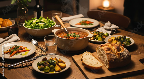 Warm and inviting home-cooked meal shared around a rustic wooden table.