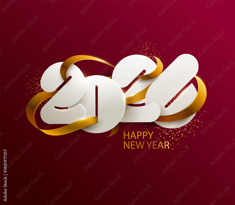 Fototapeta premium Happy New Years 2026. Greeting banner design with white numbers and golden ribbon on red background.