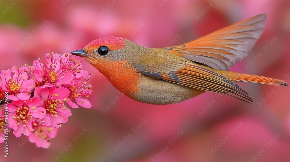 Obraz premium A bird is perched on a pink flower. The bird is orange and black
