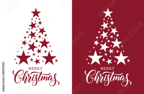 A mirrored Christmas design split between white and deep red backgrounds. Both sides feature the phrase "MERRY Christmas" in elegant script below a stylized Christmas tree shape composed of large snow