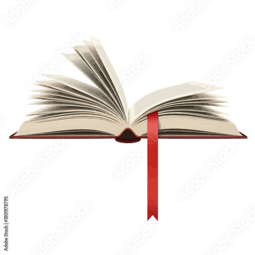 Open Book With a Bright Red Bookmark Placed on Pages Isolated on White Background
