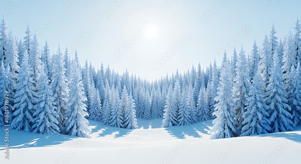 Obraz premium Snowy Forest Scene with Tall Pine Trees Under Bright Sun in Winter Landscape