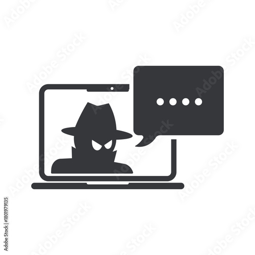 Isolated pictogram of a suspicious masked figure on a laptop screen with a chat bubble, symbolizing online scam or cyber threat.
