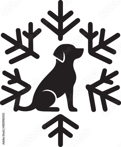 A black silhouette of a dog sitting within a stylized snowflake design