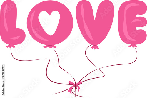 Cheerful flat vector graphic of the word LOVE spelled out using bright pink balloon letters, featuring a heart cutout in the "O" and tied with a festive ribbon bow.