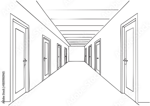 Linear hall sketch in the office or hotel with doors