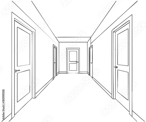 Linear hall sketch in the office or hotel with doors