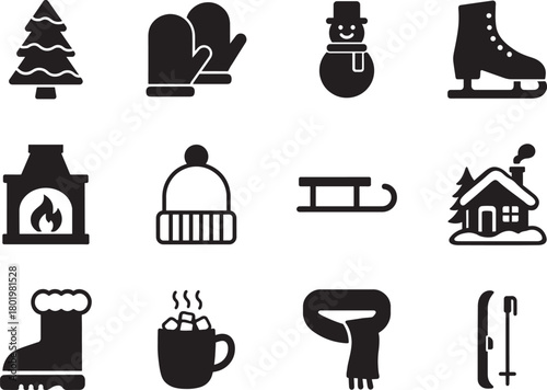 Silhouette winter icon set with snowflakes, cold weather, holiday, frost and seasonal elements.