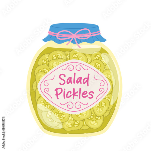 Salad Pickles jar. Pickled cucumbers slices in a glass jar. Fermentation of vegetables. Food vector illustration isolated on white background.