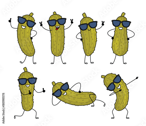 Funny Cucumber Pickles in Sunglasses. Cute pickled cucumbers characters in various poses. Funny vegetables characters design. Food vector illustration