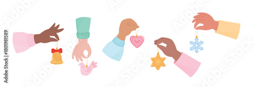 Hands holding Christmas ornaments. Holiday season decoration. Flat style vector illustration