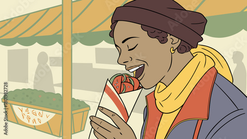 Woman enjoying street food with veggie wrap and stalls in the background