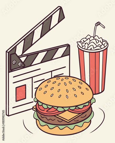 Movie night treats concept with burger, popcorn and soda 