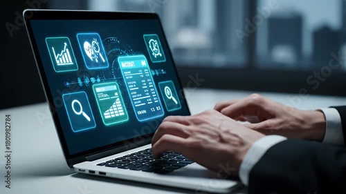 Close Up of Hands Typing on Laptop with Glowing Finance and Analytics Icons on Screen in Dark Room with White Table