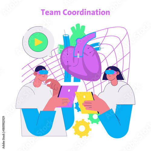 Team Coordination with Virtual Reality Vector Illustration