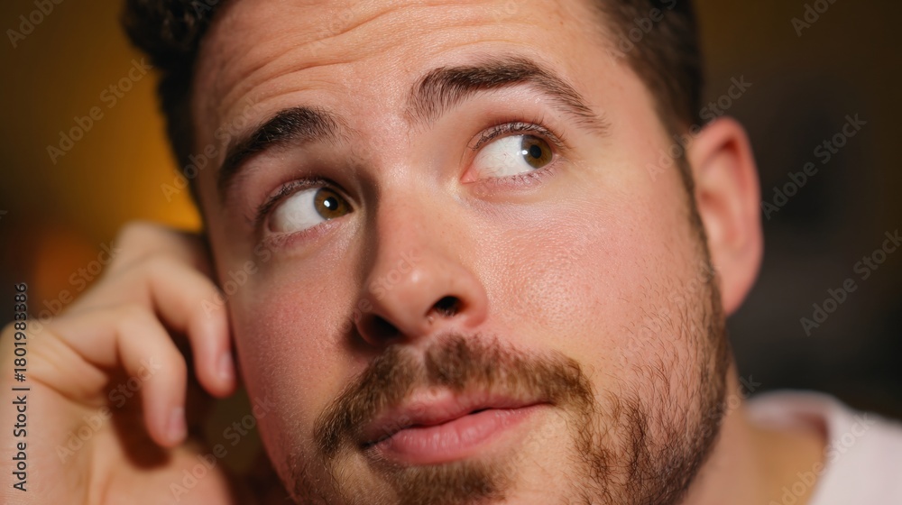 Obraz premium Close-up portrait of a young man's face. he appears to be in his late twenties or early thirties, with short dark hair and a beard.