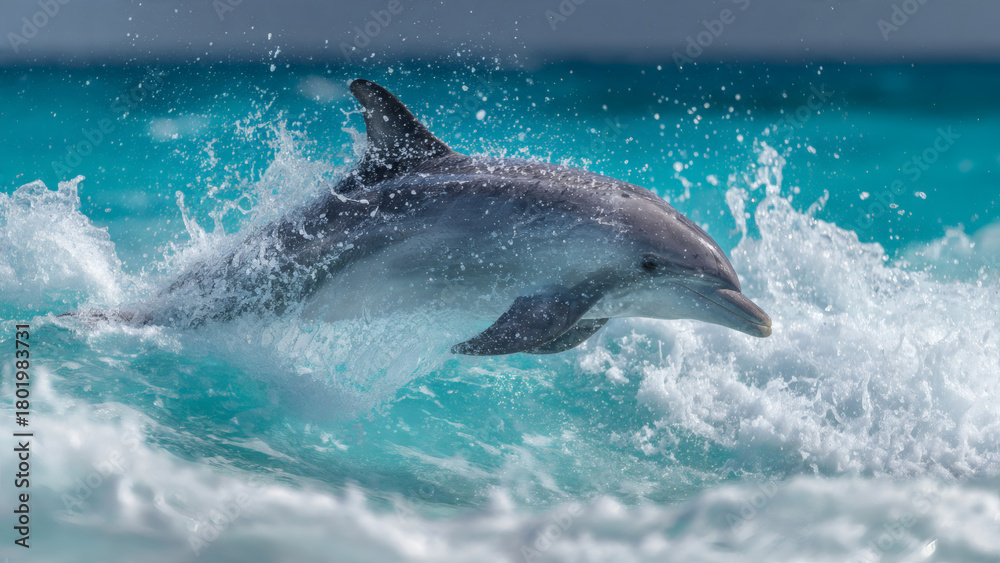 Fototapeta premium Dolphin jumping out of turquoise ocean with splashing water