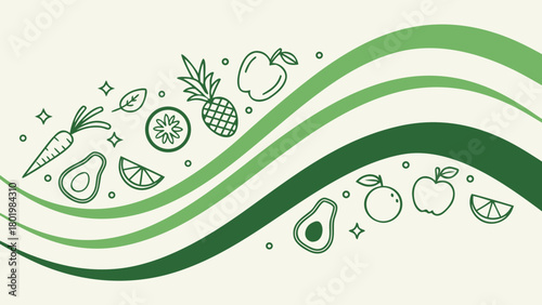 Healthy eating, illustration of a variety of fruits and vegetables in a wave design