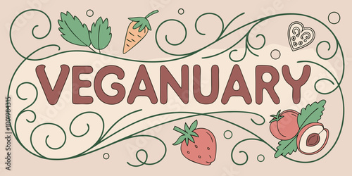 Veganuary food festival banner design with fruits and vegetables decoration.