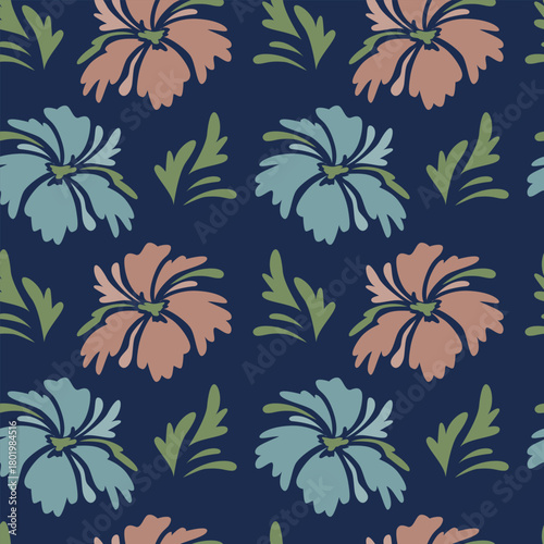 Vector seamless pattern with abstract flowers and leaves. Floral wallpaper. Texture for textile or wrapping paper in a flat style. Plants simple ornament.