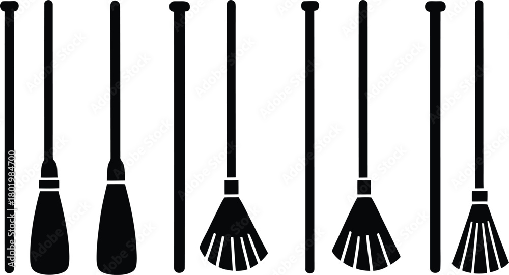Naklejka premium broomstick silhouette style minimal icon set vector art illustration on a white background.