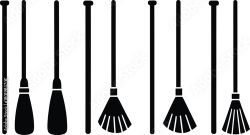 broomstick silhouette style minimal icon set vector art illustration on a white background.
