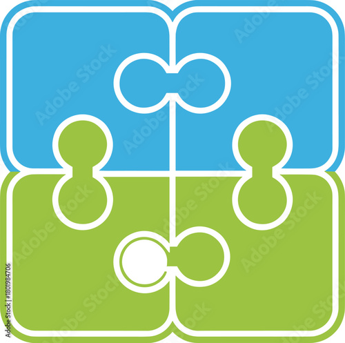 Interlocking Four-Piece Puzzle Illustration in Blue and Green, Symbolizing Teamwork, Solutions, and Collaborative Problem-Solving.