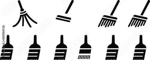 broom silhouette style minimal icon set vector art illustration on a white background.
