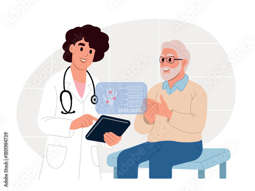 Doctor consulting an elderly man about arthritis. The physician reviews joint X-ray results on a digital tablet while the patient discusses symptoms such as stiffness or hand pain.