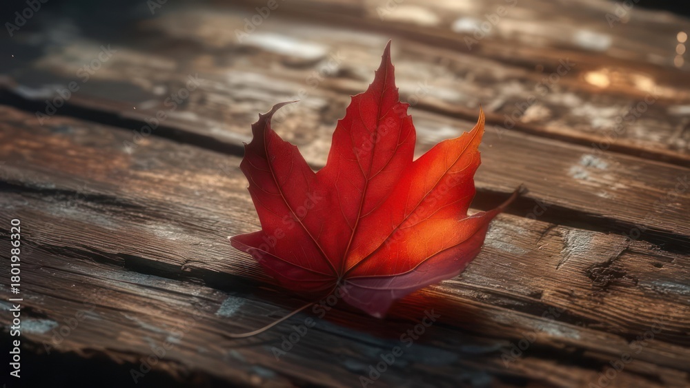 Obraz premium A vibrant red maple leaf rests on weathered wooden planks, autumn vibes in full display